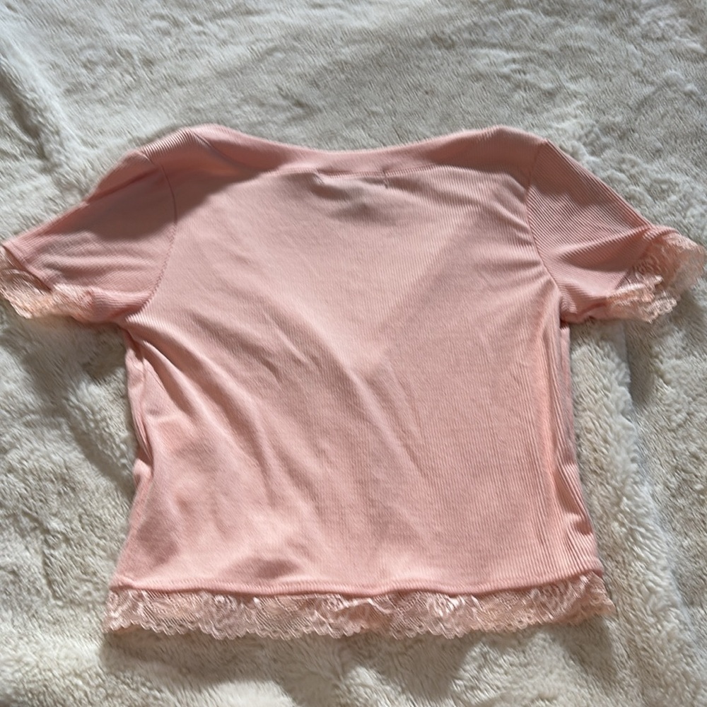 Forever 21 Pink Lace Trim Baby Tee | Y2K Button Front Crop Top XS - Picture 5 of 6